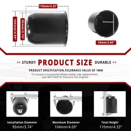 RTrhinotuning 3.74 in Stainless Steel Trailer Wheel Center Caps 4.33 in Tall for Truck SUV RV Rim Center Caps Black Push Through Hub Cover 4 Pieces