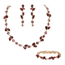 EVER FAITH Crystal Bridal Bridesmaid Jewelry Sets, Elegant Marquise Round-Shaped Rhinestone Leaf Necklace Dangle Earrings Bracelet Set for Women Purple Gold-Tone