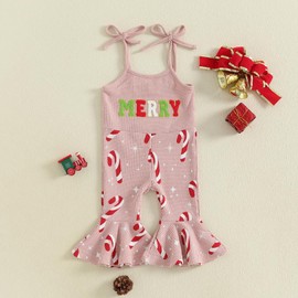 Rarjuiey Toddler Baby Girl Christmas Outfit Candy Cane Jumpsuit Spaghetti Strap Merry Romper Bell Bottoms Outfits (MERRY Candy cane Pink, 18-24 Months)