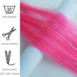 EXTACIO 12pcs Clip in Hot Pink Hair Extensions Mix tinsels,22 Inch Colored Hair Extensions,2 in 1 Rainbow Hair with Silver Tinsels,Kids Hair Extensions,Colorful Party Highlights for Kids Girls