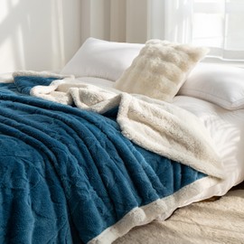 UKELER Cozy Sherpa Bed Blanket - Queen Size 80 x 90 inch, Floral Throw Blanket for Bed, Couch, Sofa, Camping, Great Gift for Mother's Day, Father's Day, Thanksgiving, Christmas, Navy Blue