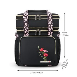 HSHRISH Large Insulated Lunch Bag for Woman, Double Layer Insulated Large Cooler Bag for Women Adults Waterproof Leakproof Durable Lunch Bag for Work Outdoor Picnic 16L, Black-Flowers