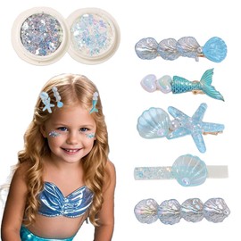 Seashell Hair Clips for women 5 Pcs Seashell Starfish Hair Barrettes with Pearls 2 Box Face Body Glitter for Mermaid Costume Accessories Beach Party Wedding Makeup Supplies