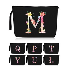 Letter Pattern Zipper Cosmetic Bag, Wedding Bridal Bridesmaid Flower Initial Print Makeup Bag, Portable Zipper Travel Storage Toiletry Pouch - Color: Black, Size: Letter-J