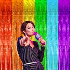 YouLain Rainbow Foil Fringe Curtains, Rainbow Tinsel Backdrop Rainbow Party Decorations Tinsel Metallic Streamers Backdrop for Birthday/Wedding/Engagement/Bridal Shower/Unicornfor, 3.3x6.6 ft - 2 PCS