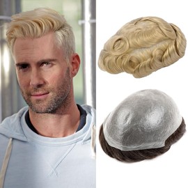 Men's Toupee Real Hair Ultra Thin 0.03 mm Skin Toupee for Men Lightweight Hairpiece Medium Density Base Size 8 x 10 Inches 100% Real Hair System for Men (613#)