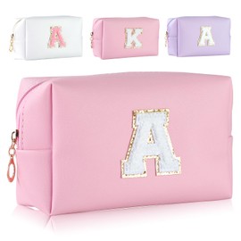 MSQ Personalisierte Make-up Tasche für Frauen,A-Z Initialen wasserfeste Reise Kosmetiktasche aus Leder,Geburtstagsgeschenk für Frauen und Mädchen (Buchstaben A) Rosa