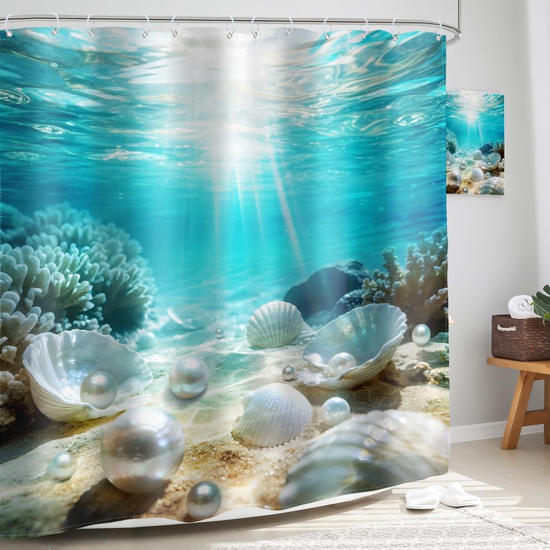 Undersea Shower Curtain Blue Ocean Under Sea Sand Bathroom Curtain