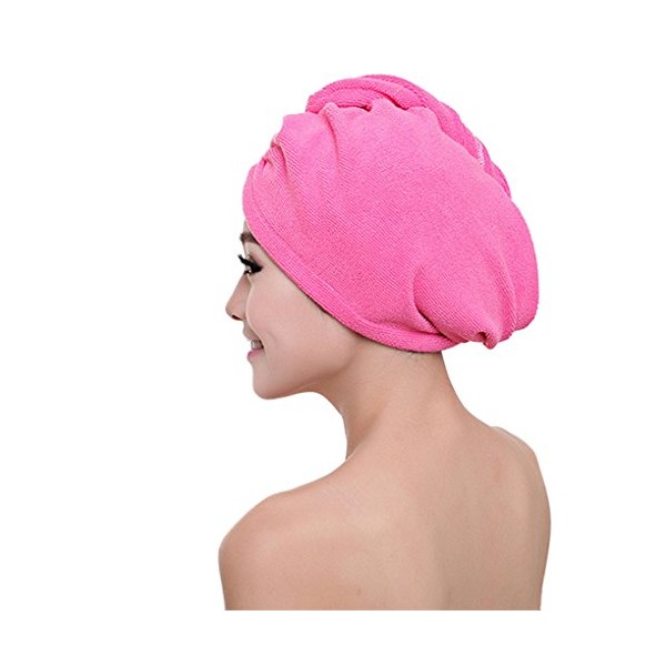 FakeFace Polyester Mikrofaser Haartrockentuch Kopfhandtuch Kopftuch Haarturban Weiche Schnell Trocken Haar Handtuch mit Knopf (Rosa)