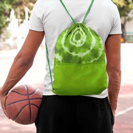 Closeout Services Corp. Wholesale Bulk Lot of 30 Vibrant Tie-Dyed Polyester Cinch Sack Backpacks, Open Cargo Design with Durable Rope Straps for Gym, Travel, and Events - Lime Green