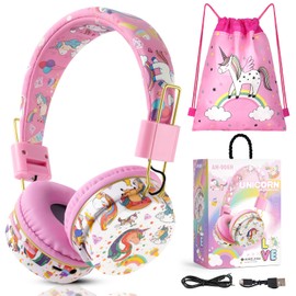 AXFEE Children's Headphones, Bluetooth, Girls' Cat Ear Headphones, Over-Ear with LED Light, Foldable Stereo Headphones, Wireless, Headphones Children with Microphone, Micro SD/TF for Mobile