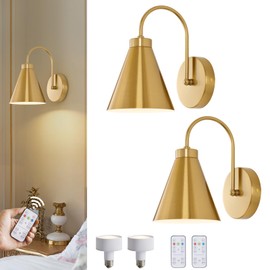 Powfloven Vintage Cordless Gooseneck Battery Operated Wall Sconces Set of 2, Gold Bedside Battery Powered Wall Decor Lamps with Remote Control, Wireless Indoor LED Lights Fixture for Bedroom Hallway