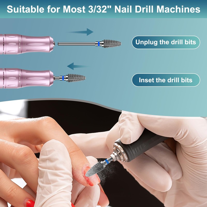 CGBE Nail Drill Attachments, 3/32 Inch Tungsten Carbide Bits for