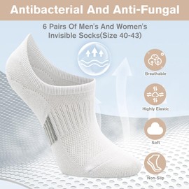 VEGCOO 6 Pairs White Trainer Socks Women Men, Breathable Cotton Invisible Trainer Socks with Anti-slip Strips (UK, Numeric, 3, 5, Regular, Regular, White)