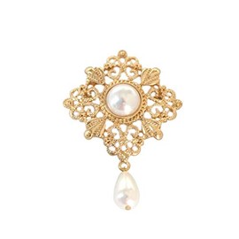 Gold Hollow Flower Pearl Filigree Brooch Pin for Women Full Dress Coat Sweater Simple Retro Accessories (Gold)
