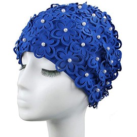 Medifier Ladies Hollow Flowers and Beaded Swimming Cap - Hand Stitched Blue