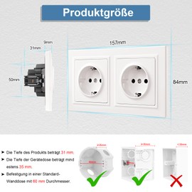 CNBINGO Double Socket, Smooth Skin Feeling, Flush-Mounted with Claws, Double Schuko Socket with Skin-friendly Matt Plate, White Wall Socket