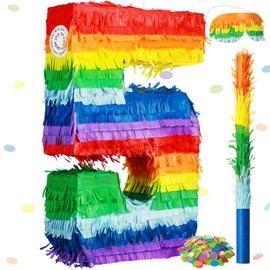 Sratte Rainbow Number Piñata Multicolor Piñata Small Kids Birthday Party with Blindfold Stick and Confetti for Birthday Anniversary Cinco De Mayo Fiesta Party Decor(Number 5)