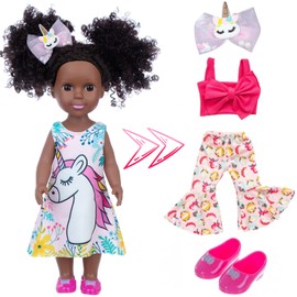 ZQDOLL Black Doll and Black Baby Doll Clothes 14.5 inch African American Silicone Girl Doll with 2 Sets Clothes and Travel Equipment Camera Backpack Glasses etc - Best Gift for Kids Girls