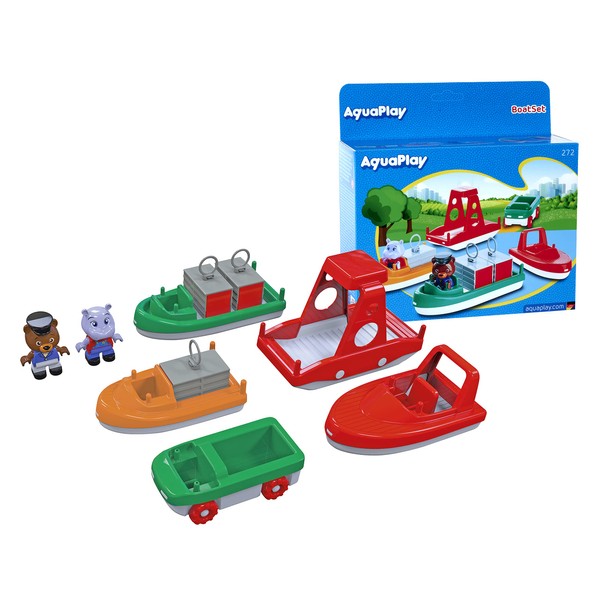 AquaPlay 8700000272 BoatSet-Accessories Waterways or for The Bath, 4 Boats, 1 Amphi-Lorry and Bo and Wilma, for Children from 3 Years, Multicoloured
