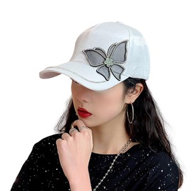 Morris Coo Women's Satin Cap, One Point, Rhinestone, Glitter, Cute, Black, Hat, Golf, Adjustment, white