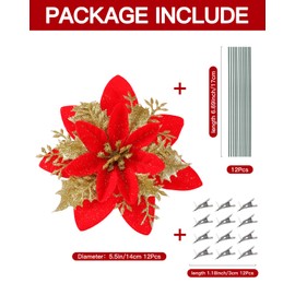 12 Pcs Poinsettia Flowers Artificial Christmas Decorations,Artificial Red Poinsettia Flowers for Christmas Tree,Fake Glitter Poinsettia 5.5" with Stems Clips for Outdoor Home Decor(Red Gold)