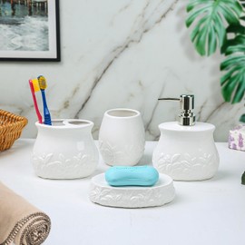 FORLONG Ceramic Embossed Leaves Bathroom Accessories Set, 4 Piece Bathroom Ensemble Set with Toothbrush Holder, Toothbrush Cup, Soap Dispenser, Soap Dish(White)
