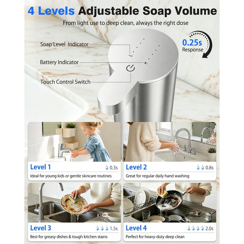 Touchless Automatic Liquid Soap Dispenser, Stainless Steel, Rechargeable