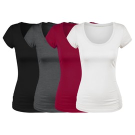 Emmalise Women's Short Sleeve Tshirt Scoop Neck Tee Value Set (4Pk, Bk, Wh, HChr, Dk Red, Large)