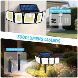 MDCMDCM Solar Lights Outdoor Waterproof Motion Sensor - 416 LEDs 3000 Lumens Super Bright 3 Brightness 3 Modes 2400mAh 360° Illumination 32ft Solar Flood Security Light for Outside (with Stakes, 1)