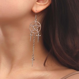 Allereya Vintage Star Dangle Earrings Pentagram Drop Earrings Tiny Cross Dangle Earrings Silver Long Chain Drop Earrings Jewelry for Women and Girls
