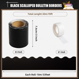 FOBSME 99 Feet Black Bulletin Board Borders Black Scalloped Rolled Border Trim Black Bulletin Board Paper Borders for Back to School White Board Cork Board Locker Window Classroom Decorations,3 Rolls