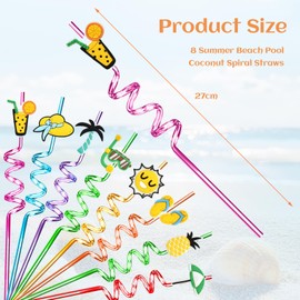 CharmBurst Pack of 8 Reusable Straws, Summer Hawaiian Party Straws, Curly Colourful Straws for Kids, Family Parties, Pool Party Decoration