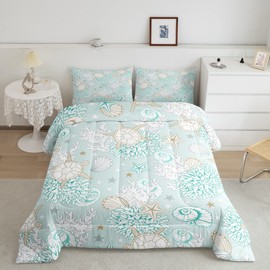 Erosebridal Ocean Quilt Set Full Kids Sea Turtle Bedding Comforter Sets Coastal Coral Conch Starfish Shell Bedding Comforters for Boys Girls,Marine Animal Duvet Insert Teal Khaki with 2 Pillow Cases