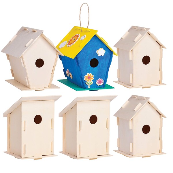 Neliblu 12 Wooden Birdhouses - Kids Bulk Arts and Crafts Set for Girls & Boys - 12 DIY Unfinished Wood Birdhouse Kits, 12 Paint Strips, 12 Brushes & Stickers - Bird House Kits for Children to Build