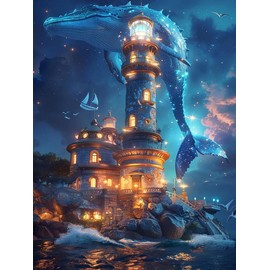 Kaliosy 5D Diamond Art Kits for Adults Lighthouse by Number Kits, Diamond Painting Art Sharks DIY Full Drill Crystal Craft Cross Stitch Embroidery Decoration (12x16 inch) 30x40 cm