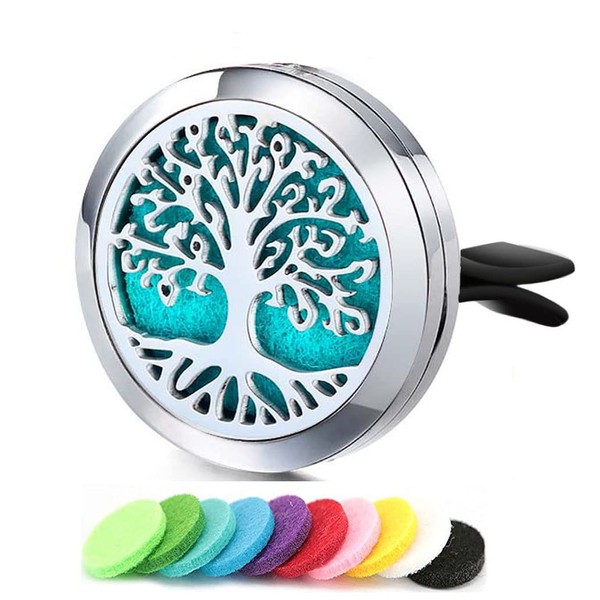 Car Aromatherapy Essential Oil Diffuser Locket Tree of Life Pattern Stainless Steel Car Air Fresheners Vent Clips Decorative with 10 Refill Pads