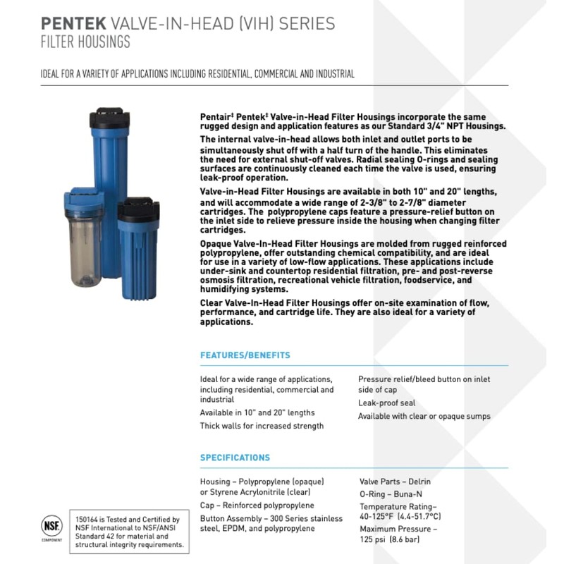Pentair Pentek 150437 Valve-In-Head Filter Housing, 3/4" NPT #10 Standard
