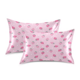 AUUXVA Pink Satin Pillowcase for Hair and Skin, Standard Size Girls Pillow Case Decorative Strawberry Pillow Sham with Envelope Closure Cute Pillow Cover for Bedroom Decor