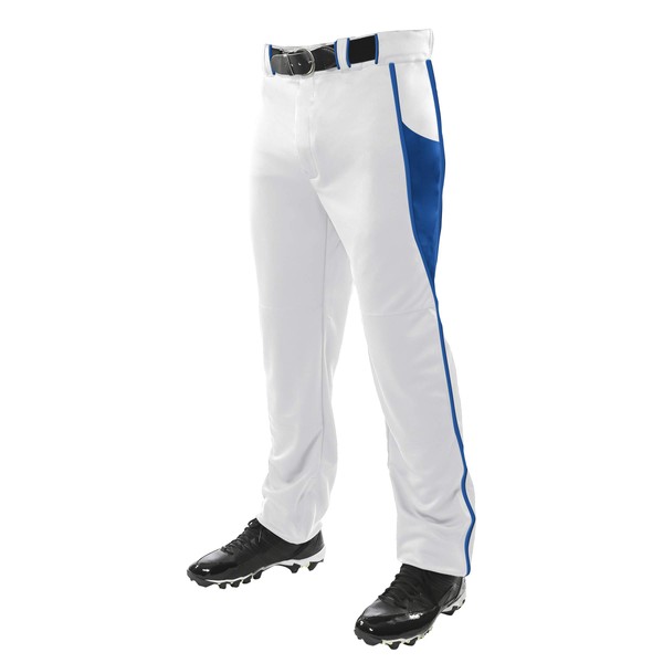 CHAMPRO Triple Crown OB2 Open-Bottom Loose Fit Baseball Pants with Adjustable Inseam and Reinforced Sliding Areas, White,Royal, Small