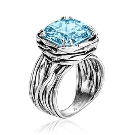 JEAN RACHEL JEWELRY 925 Sterling Silver Ring - Wrap Vintage Design with Cushion Shaped Cubic Zirconia - Hypoallergenic, Lead & Nickel Free - Artisan Handcrafted Statement Rings for Women, Aquamarine