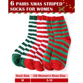 Eurzom 6 Pairs Christmas Women's Striped Socks Holiday Novelty Crew Socks Bulk Holiday Gift for Xmas Women Men Elf Costume(Red White, Green White, Red and Green)