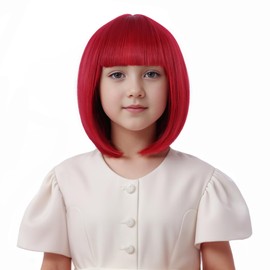 Edivd Wine Red Bob Wig for Kids Short Bright Red Bob Wig with Bangs for Child Heat Resistant Synthetic Wig with Wig Cap