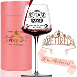 Physkoa Retired 2025 Wine Glass – Funny Retirement Gifts for Women with Crown & Sash – Limited Edition Hand-Blown Crystal – Retirement Party Decorations & Happy Farewell Gifts for Coworkers