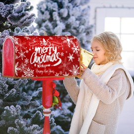 Granbey Merry Christmas Mailbox Cover Magnetic Standard Size 21x18 Inch Happy New Years Mail Box Post Cover Winter Snowflake Red Xmas Letter Box Wraps for Home Outdoor Garden Yard Decor