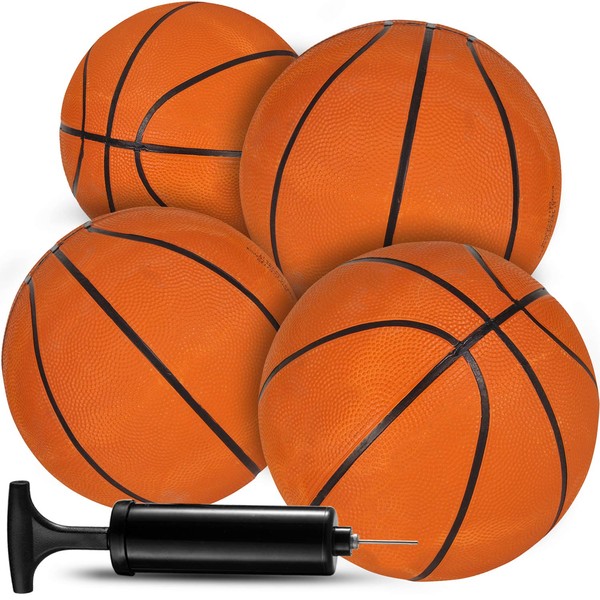 Bedwina Mini Basketballs - (7 Inch, Size 3) Pack of 4 - Mini Thick Rubber Hoop Basketball Set with Air Pump for Indoor, Outdoor, Pool Parties, Small Hoops Basketball Game Party Favors for Kids
