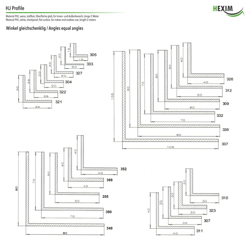 HEXIM Angle Profiles Isosceles White PVC Plastic Angle Selection Dimensions