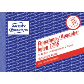 Avery Zweckform 1755 Einnahme/O Receipt A6 Landscape, Carbonless, 2 x 40 Sheets – White/Yellow