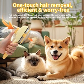 Flea Comb for Cat Dog Comb Pet Hair Removal Tool Pet Comb Cat Brush with Release Button Self-Cleaning with Long & Short Stainless Steel Metal Teeth for Shedding 2 Pcs(Yellow & Green)