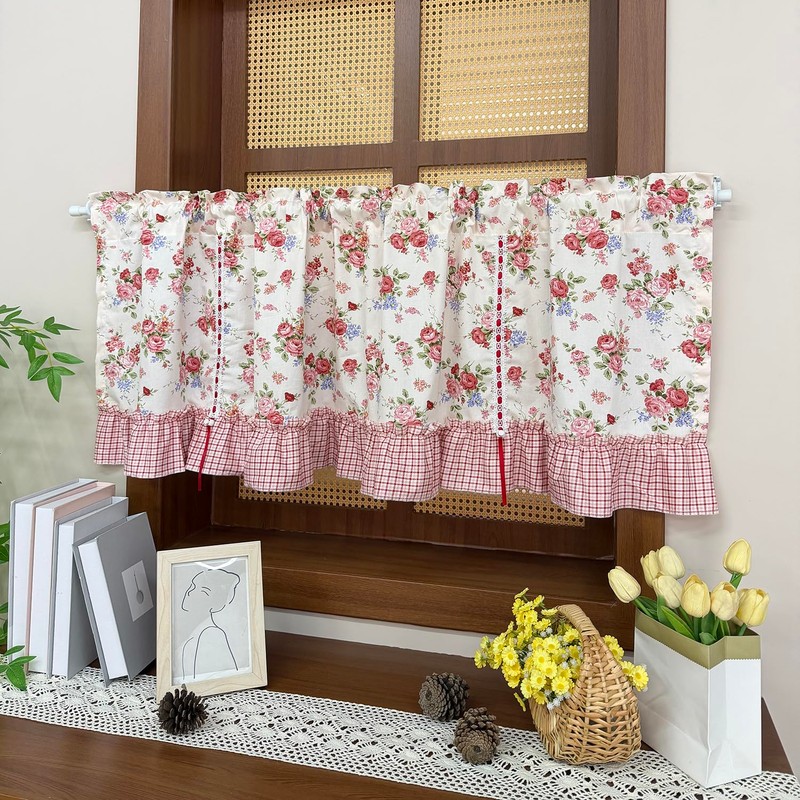 Country Rose Floral Valance Curtain Tie Up Gingham Ruffled Swag